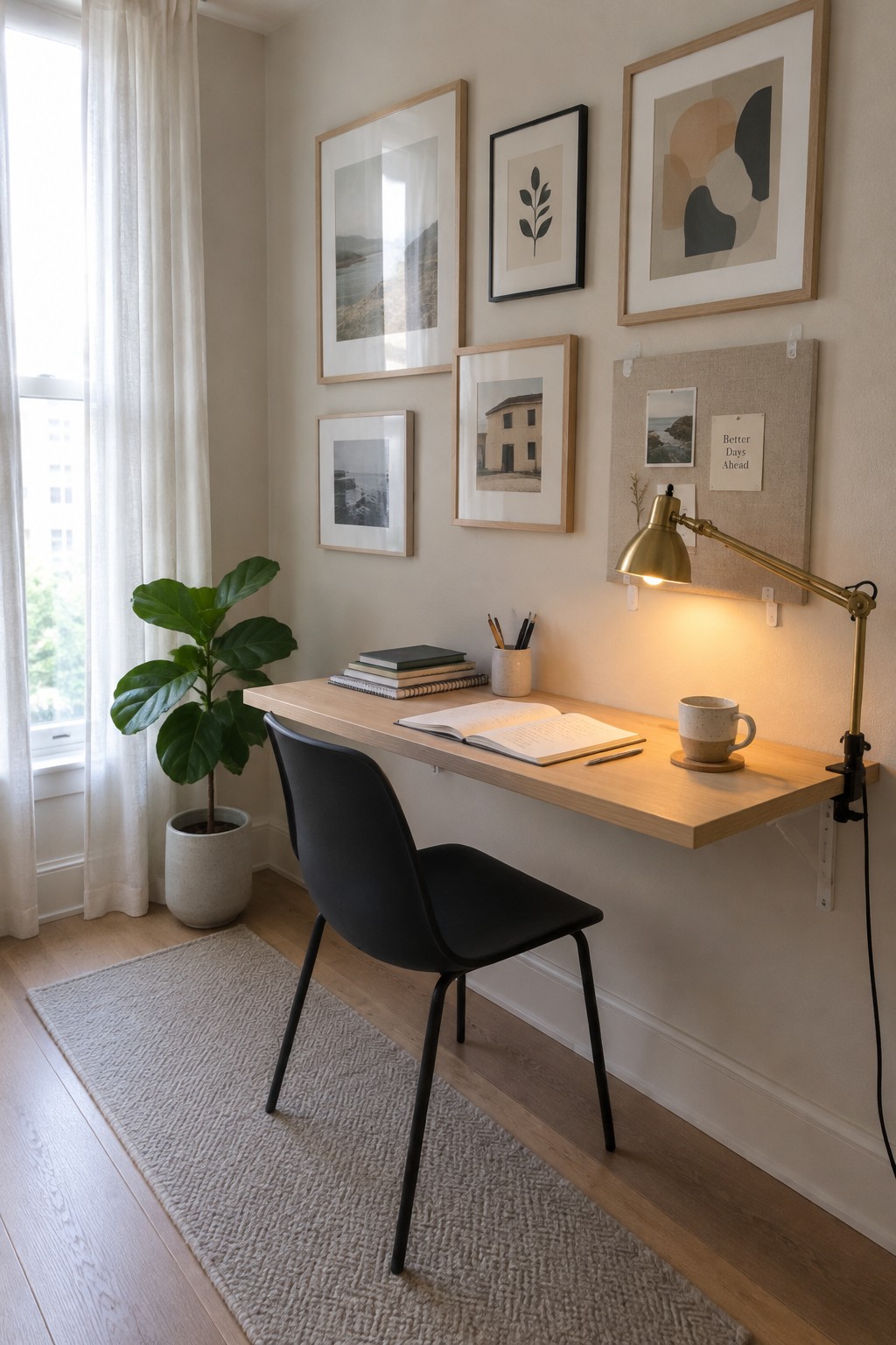 A light wood floating desk with an open notebook, black chair, and gallery wall of assorted framed prints above it, plus a brass clamp lamp attached to a fabric bulletin board on the right.