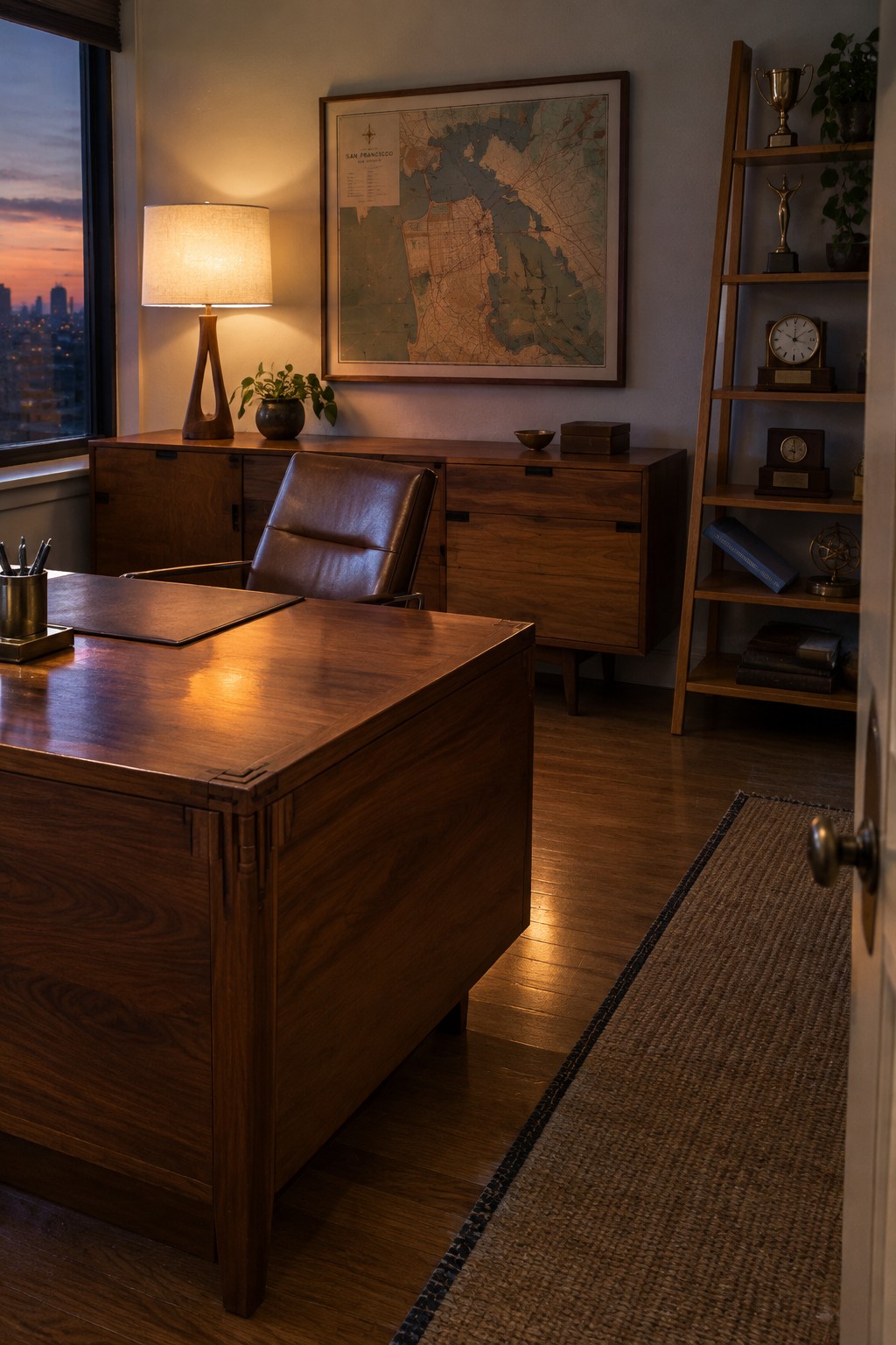 A home office with a large wooden desk, brown leather chair, wooden credenza, and framed map on the wall.