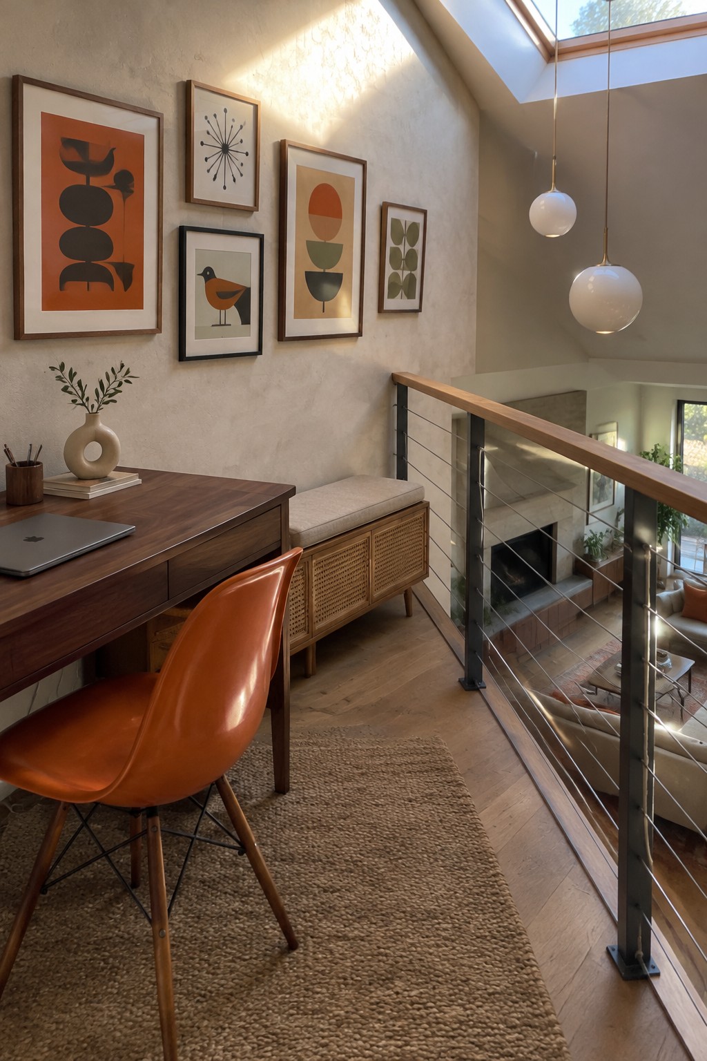Orange Eames chair at wooden desk beside gallery wall in sunlit loft office
