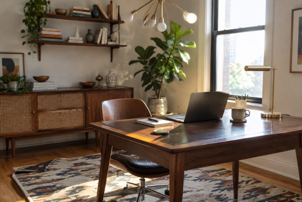 Sunlit mid-century office with wooden desk, laptop, leather chair, and plants