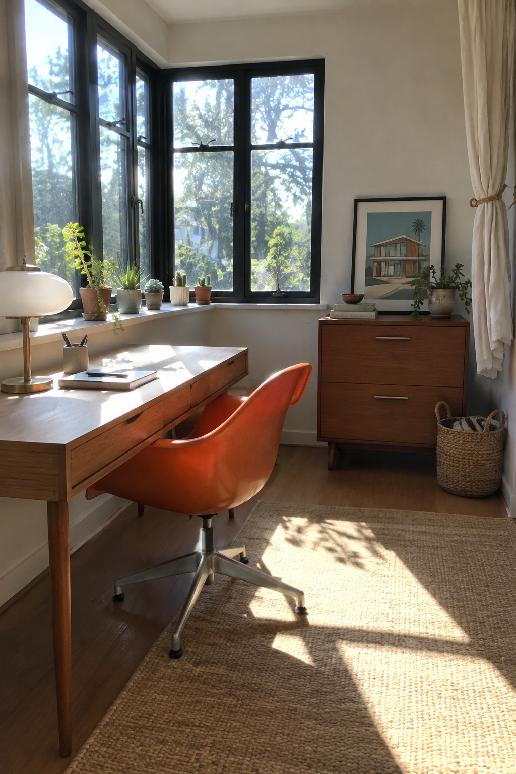 A home office with a light wood desk, bright orange molded chair on a metal swivel base, large black-framed windows, and a wooden dresser with framed art above it.