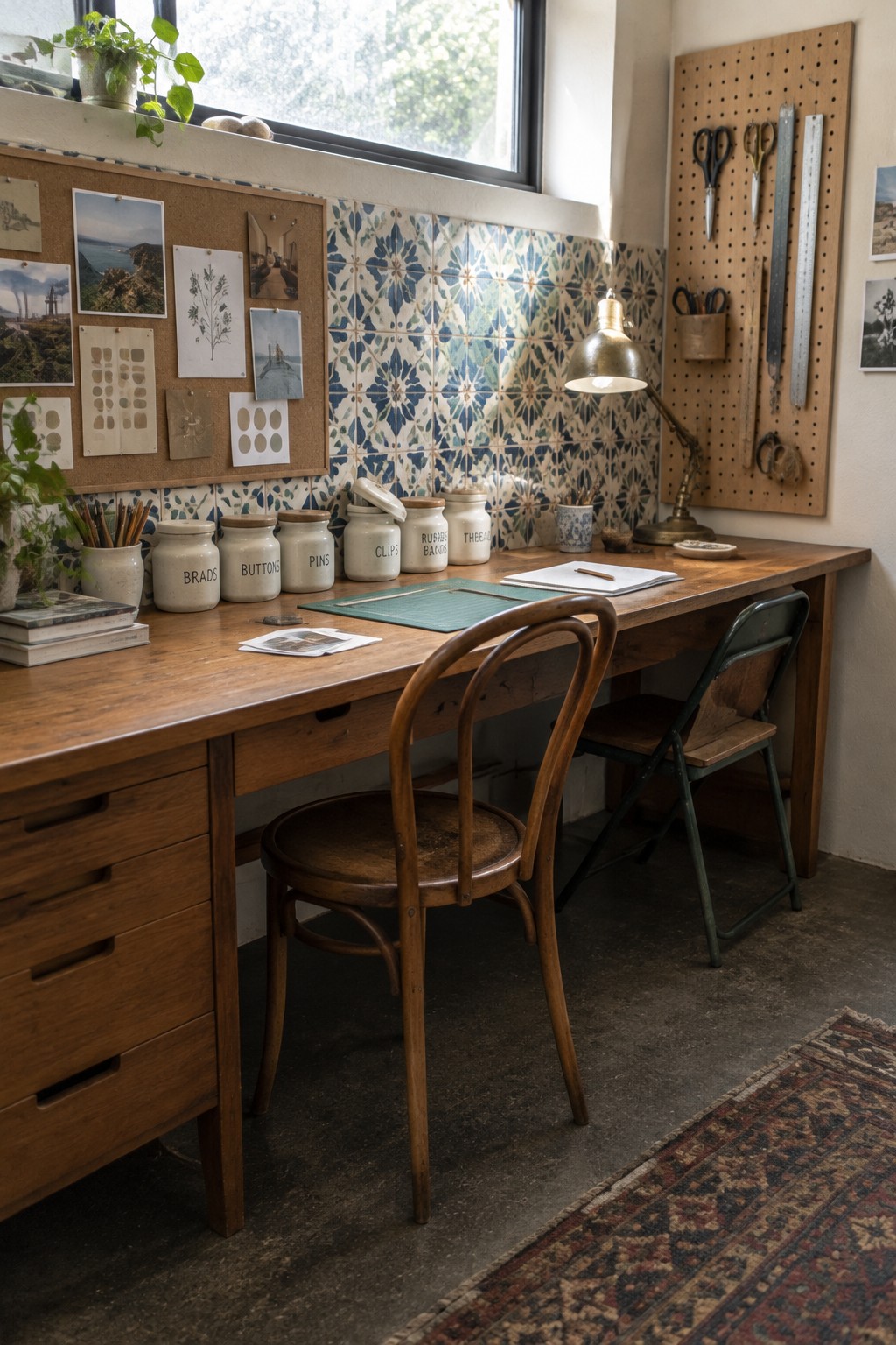 A wooden desk with two chairs faces a wall with a pegboard holding tools, a corkboard, and labeled ceramic jars under a window.