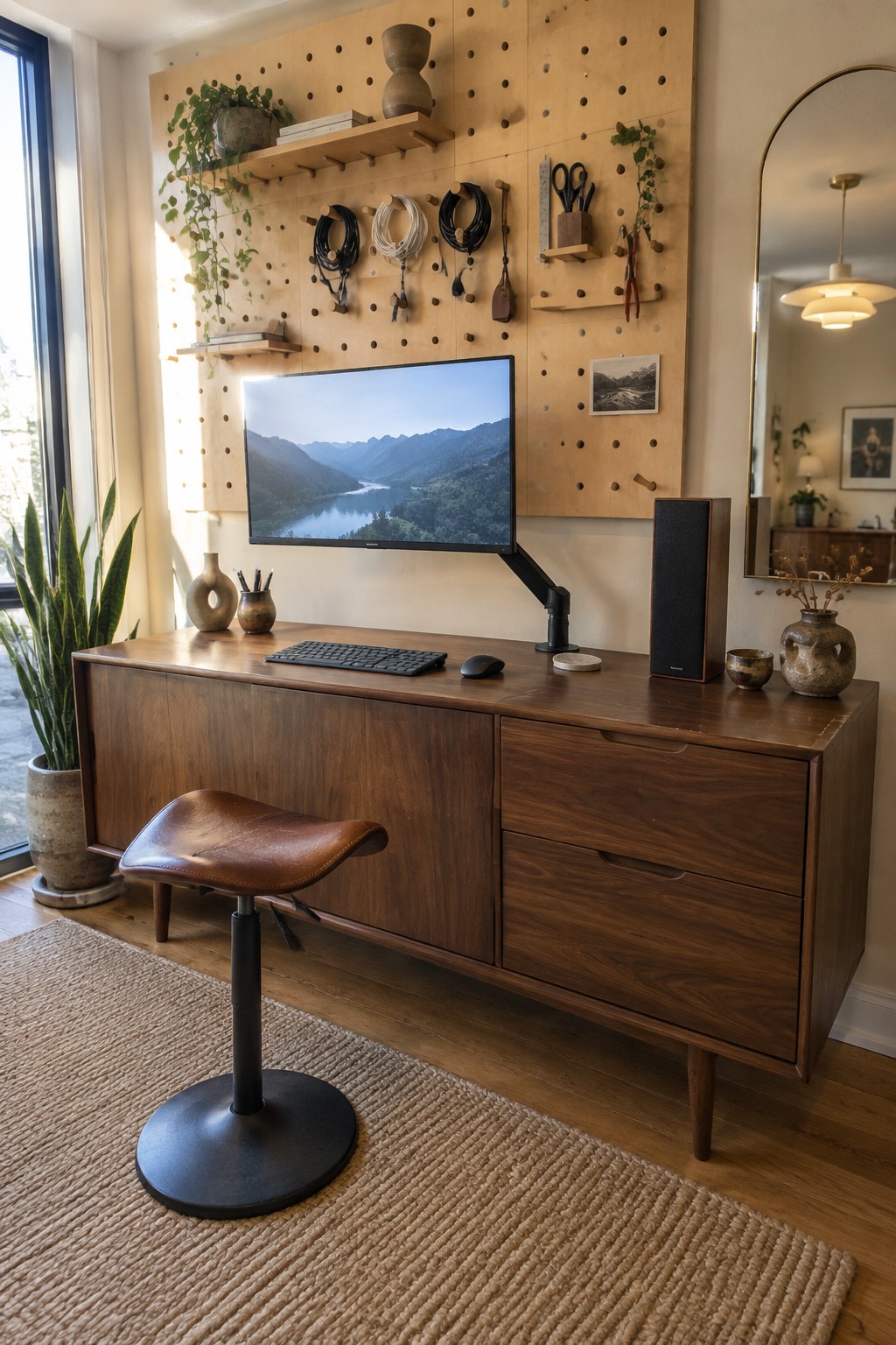 A home office with a long wooden credenza desk, monitor on an arm mount, black keyboard and mouse, brown leather stool, and a pegboard wall holding cords, tools, and small items.