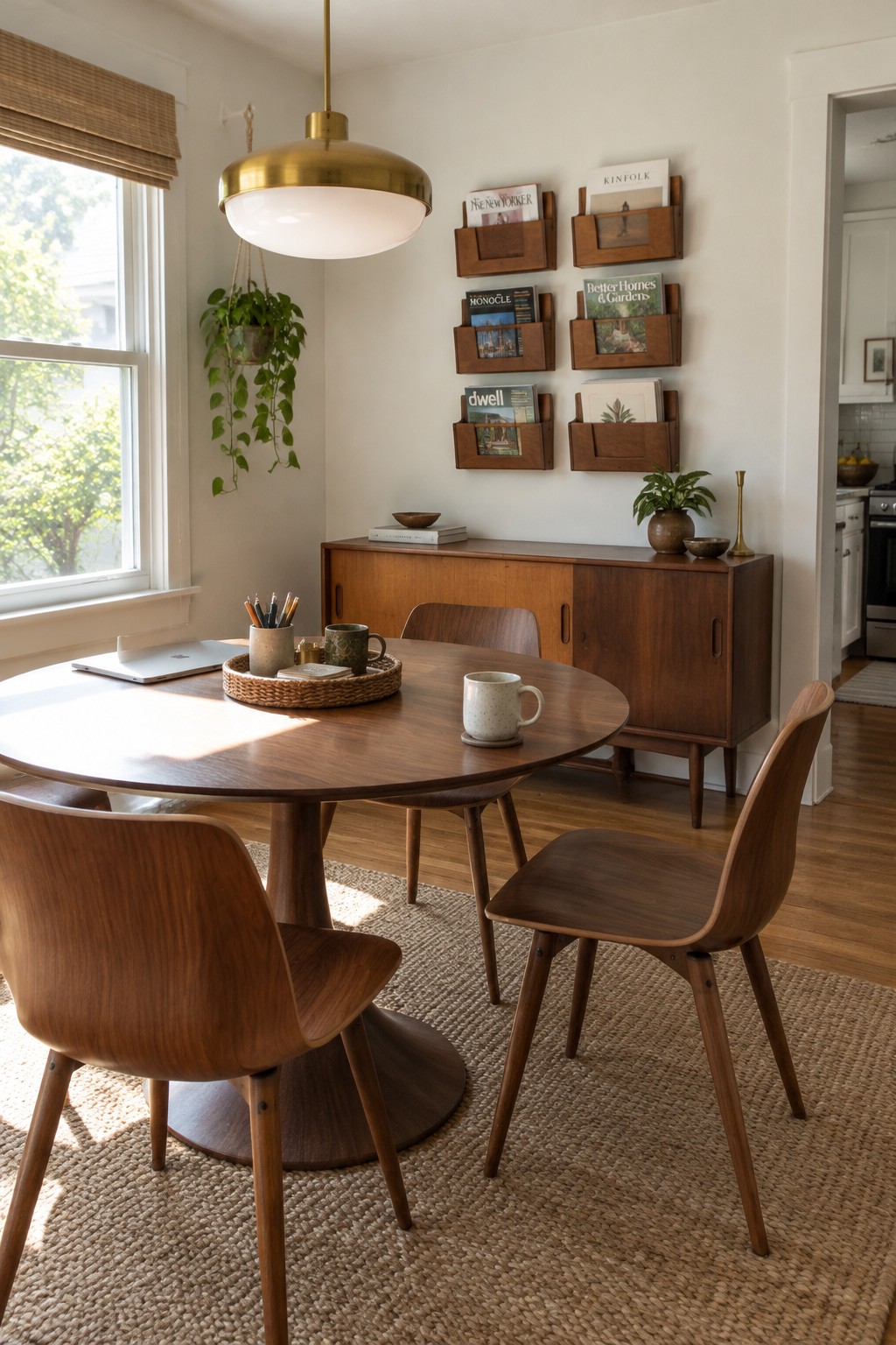 A round wooden dining table with four mid-century modern chairs holds a laptop and mug, set on a woven rug in a room with a wooden credenza and wall-mounted magazine holders.