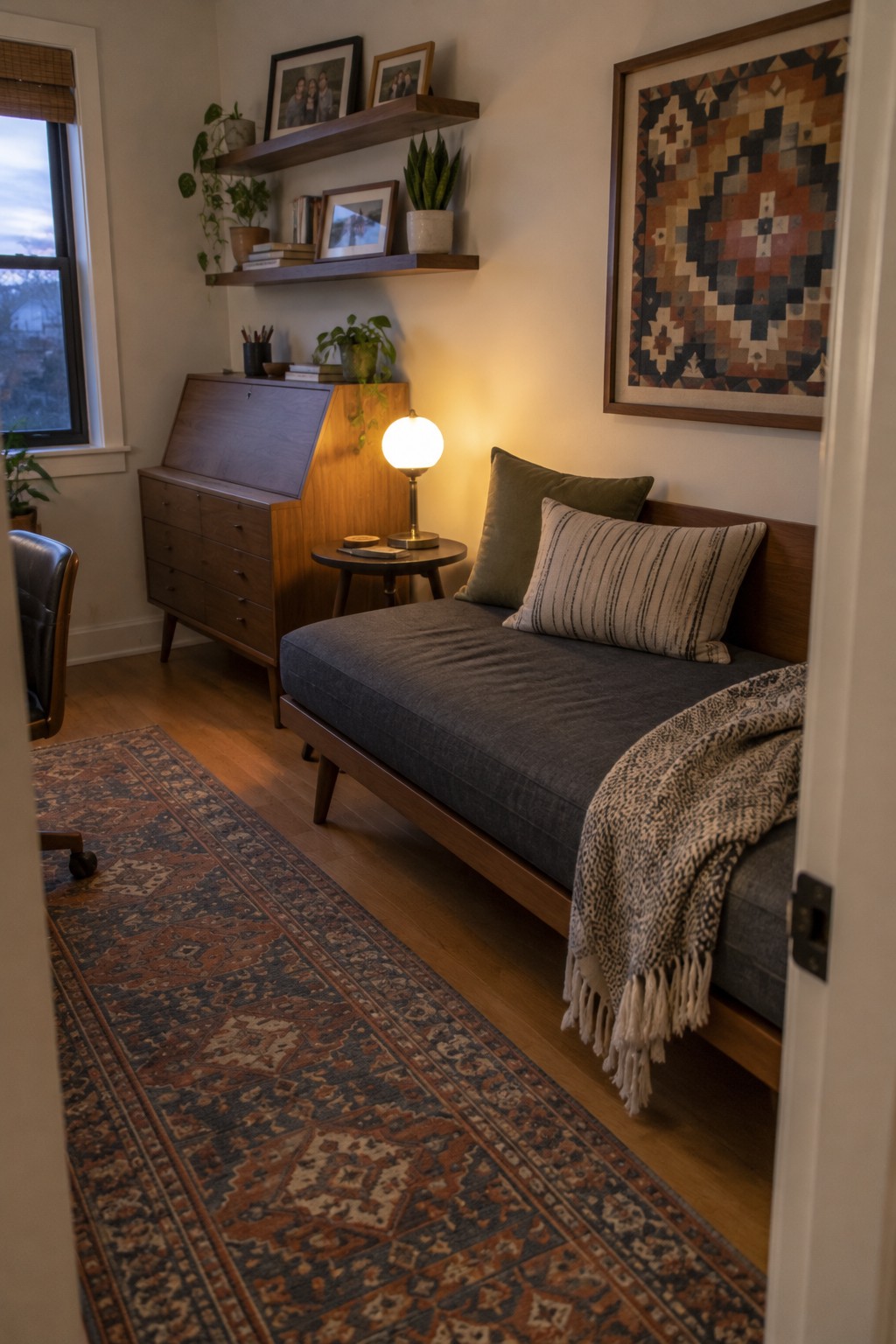 A home office interior with a gray upholstered daybed on a wooden frame, a mid-century wooden desk with slanted top, floating shelves above, a round side table with lamp, and a large patterned rug on hardwood flooring.