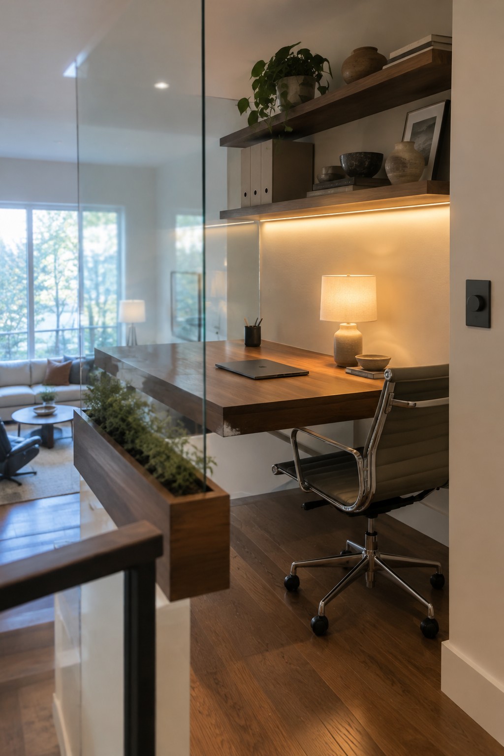 A modern home office featuring a floating wooden desk with under-shelf lighting, a desk lamp, office chair, and wooden shelves against a light wall.