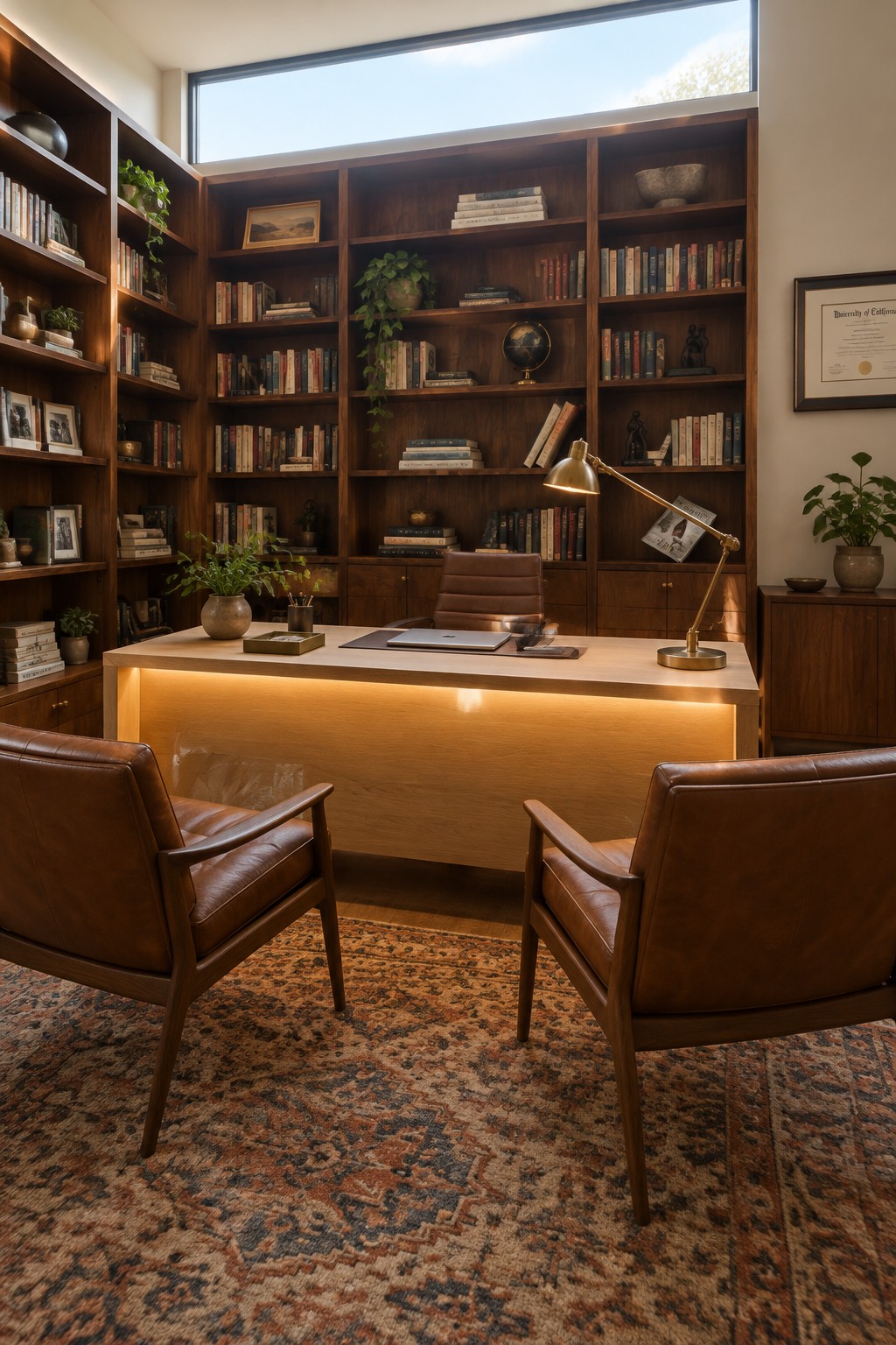 A home office featuring a light wood desk with warm under-desk lighting, two brown leather chairs, and floor-to-ceiling dark wood bookshelves filled with books and plants.
