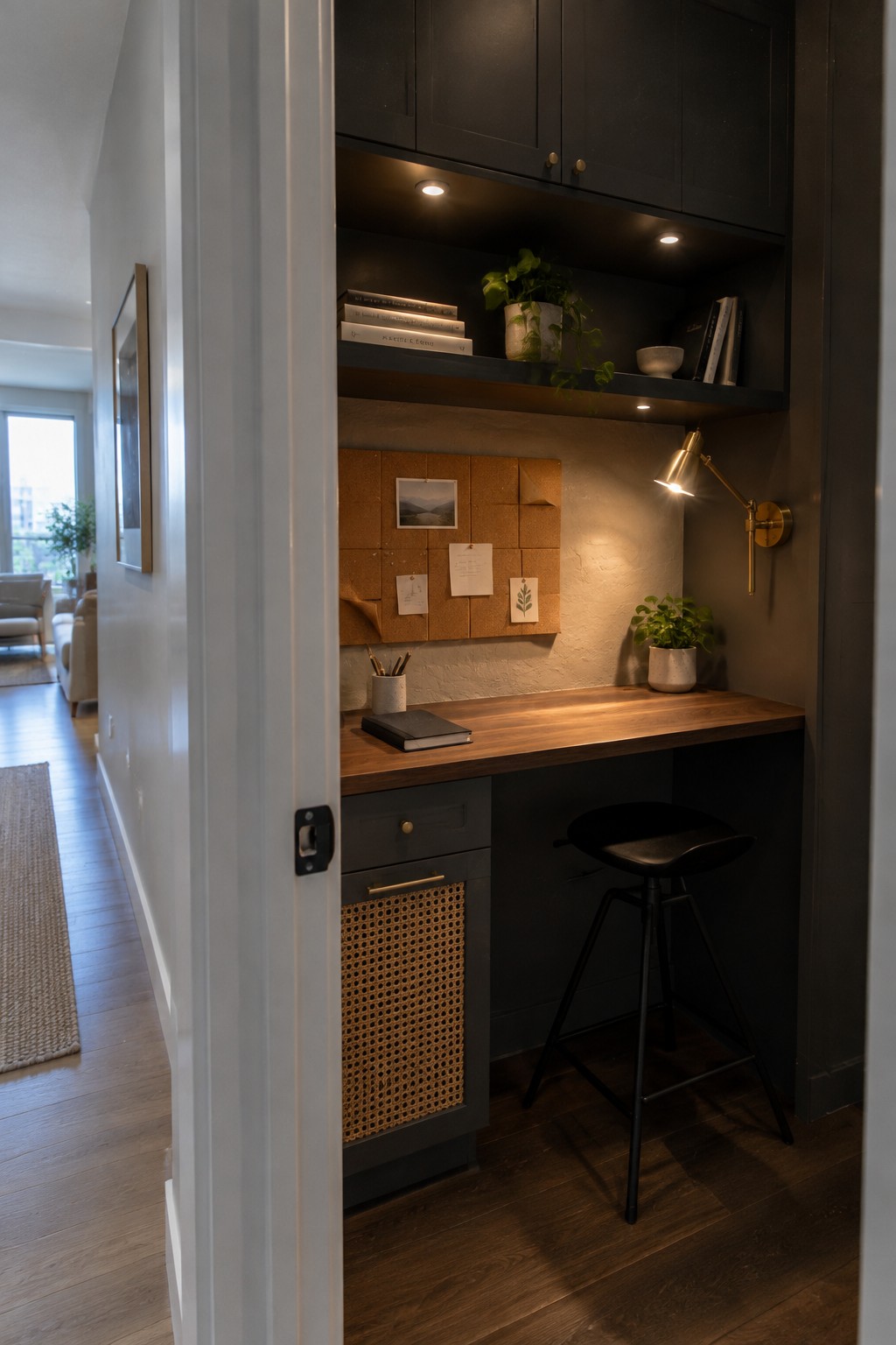 Modern dark wood desk nook with black stool, corkboard, wall lamp, and shelves.