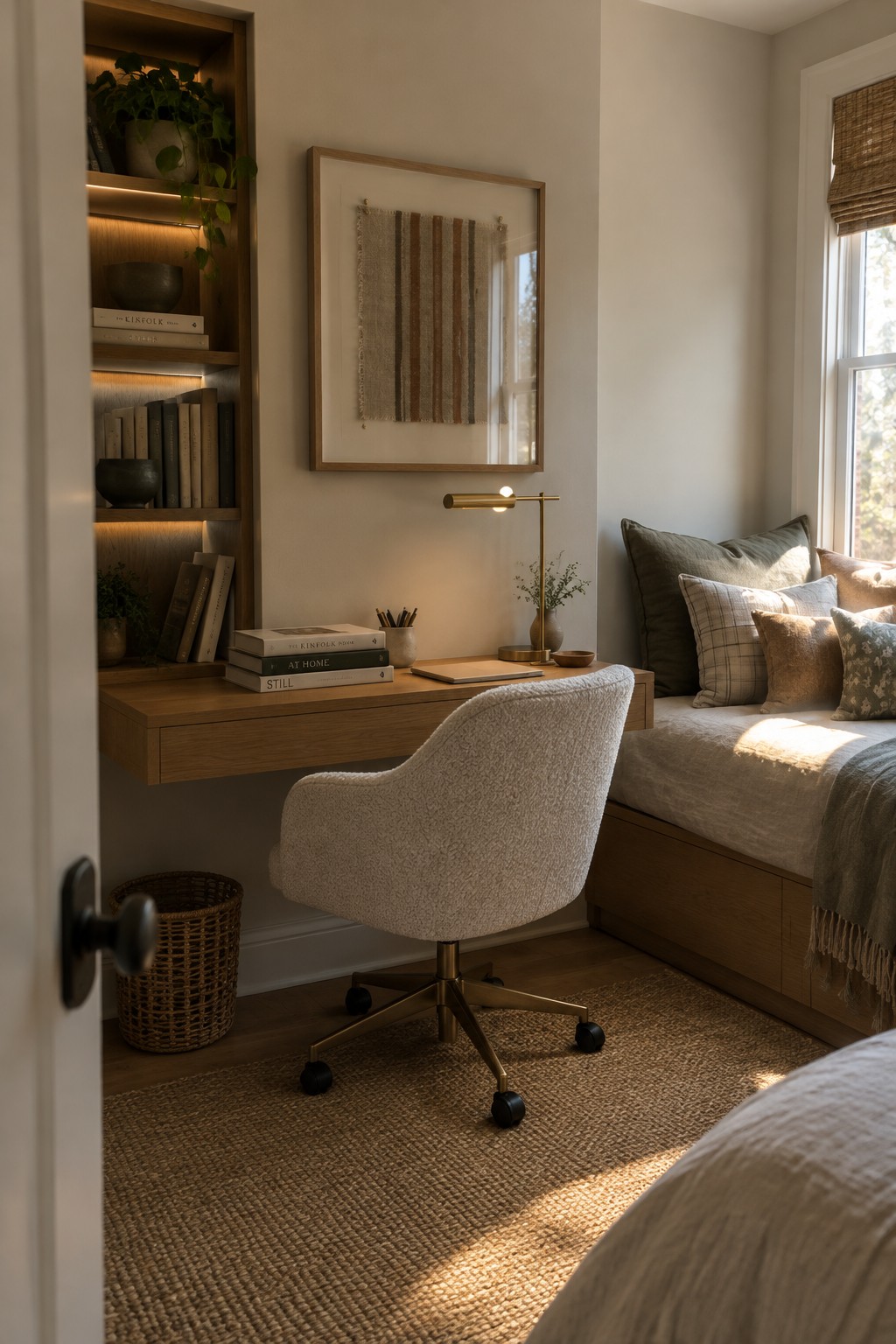 A home office with a floating wooden desk, white bouclé swivel chair, built-in shelves with integrated lighting, a brass desk lamp, and a daybed with pillows.