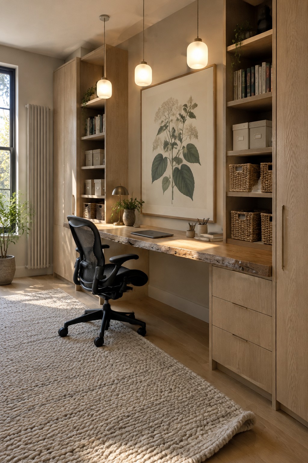 Minimalist wooden home office with live-edge desk, black chair, botanical print, and pendant lights.