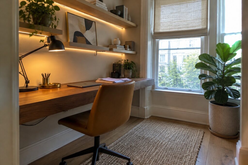 A home office featuring a wooden floating desk with a brown leather swivel chair, two levels of wooden shelves with warm underlighting, a black desk lamp, books, and a large window with a potted fiddle leaf fig plant.