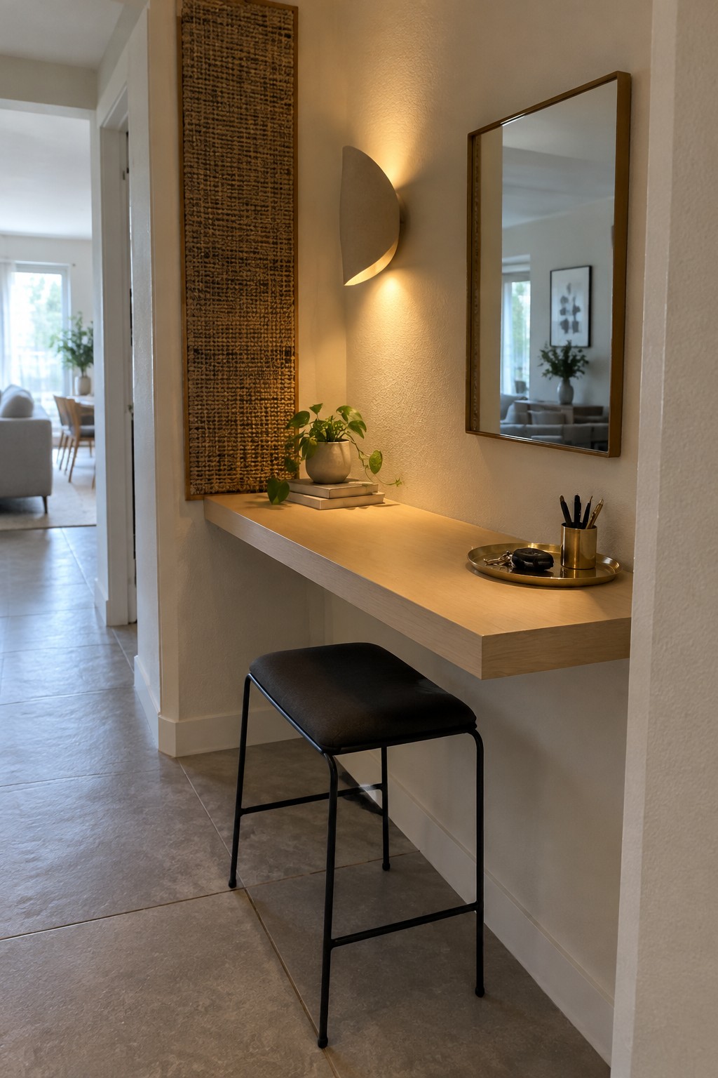 A light wood floating desk mounted on a textured wall with a black stool underneath, a modern wall sconce above, a gold-framed mirror to the right, and a woven wall hanging to the left.