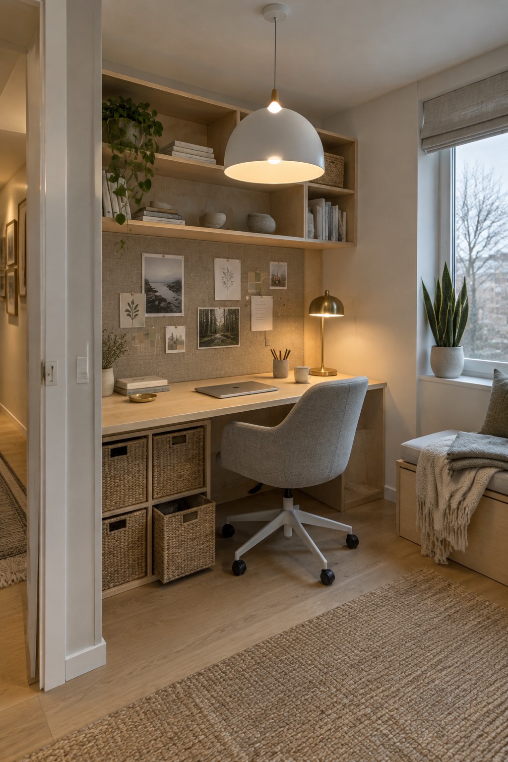 Modern home office with wooden desk, gray swivel chair, pendant lamp, and built-in shelves