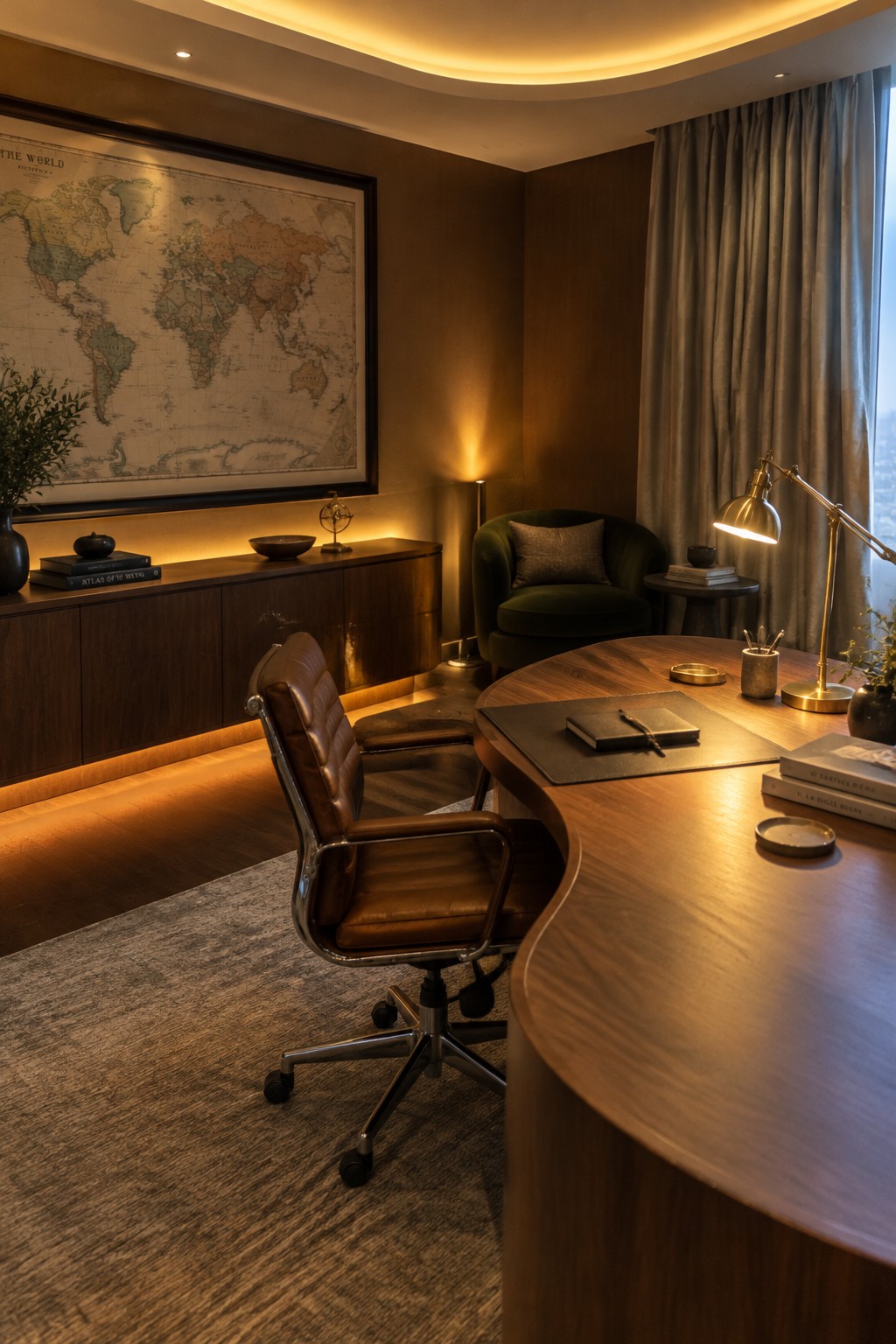 A modern home office with a curved wooden desk, brown leather swivel chair, large framed world map, green velvet armchair, and multiple lamps including a brass desk lamp and floor lamp.