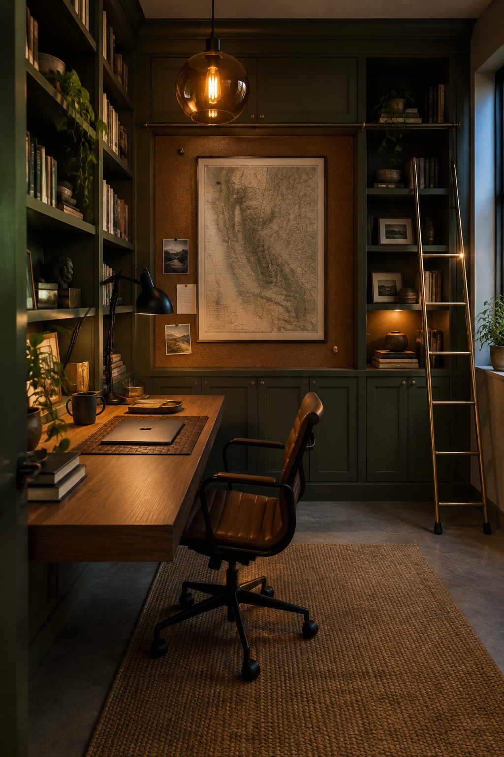 Dark green study with wooden desk, leather chair, wall map, and hanging lamp.