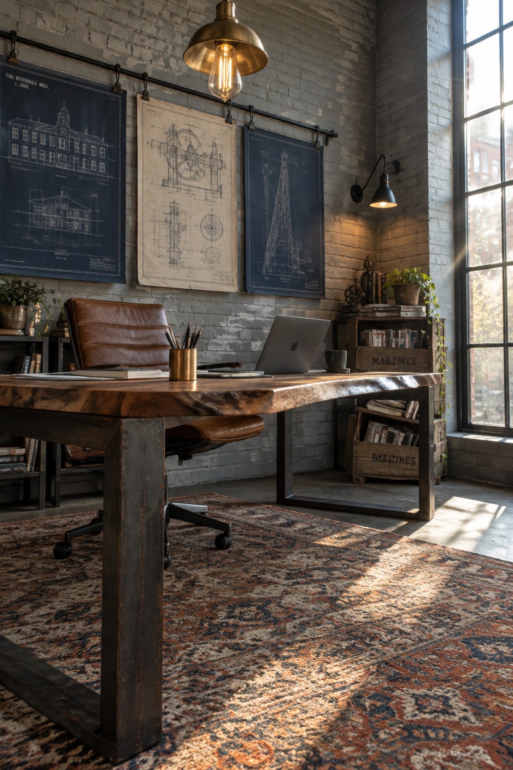 A home office featuring a live-edge wooden desk on metal legs, a brown leather office chair, three large blueprint-style artworks on a white brick wall, a hanging brass pendant light, a black wall sconce, and a large window letting in natural light.