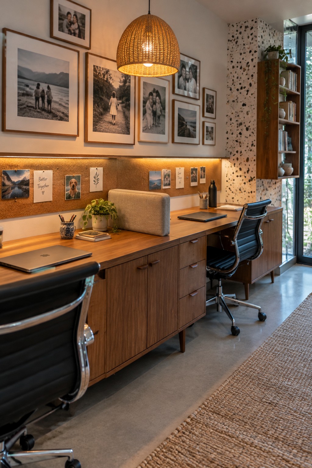 Modern wooden desk with black chairs, framed photos, corkboard, and woven pendant light.