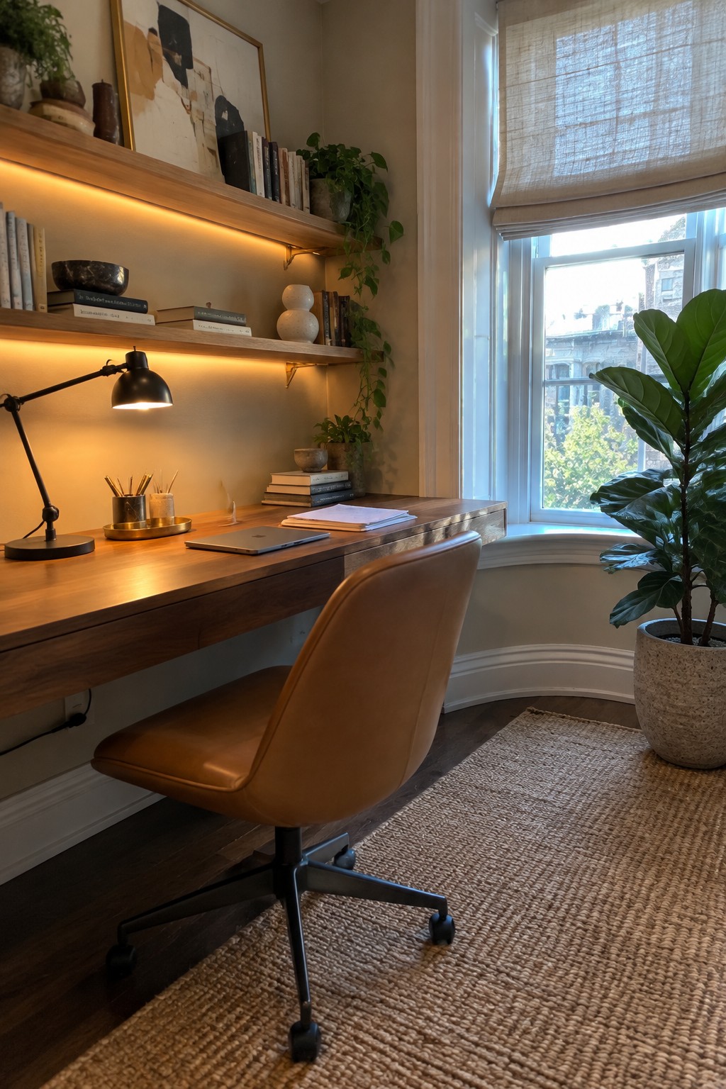 A home office featuring a wooden floating desk with a brown leather swivel chair, two levels of wooden shelves with warm underlighting, a black desk lamp, books, and a large window with a potted fiddle leaf fig plant.
