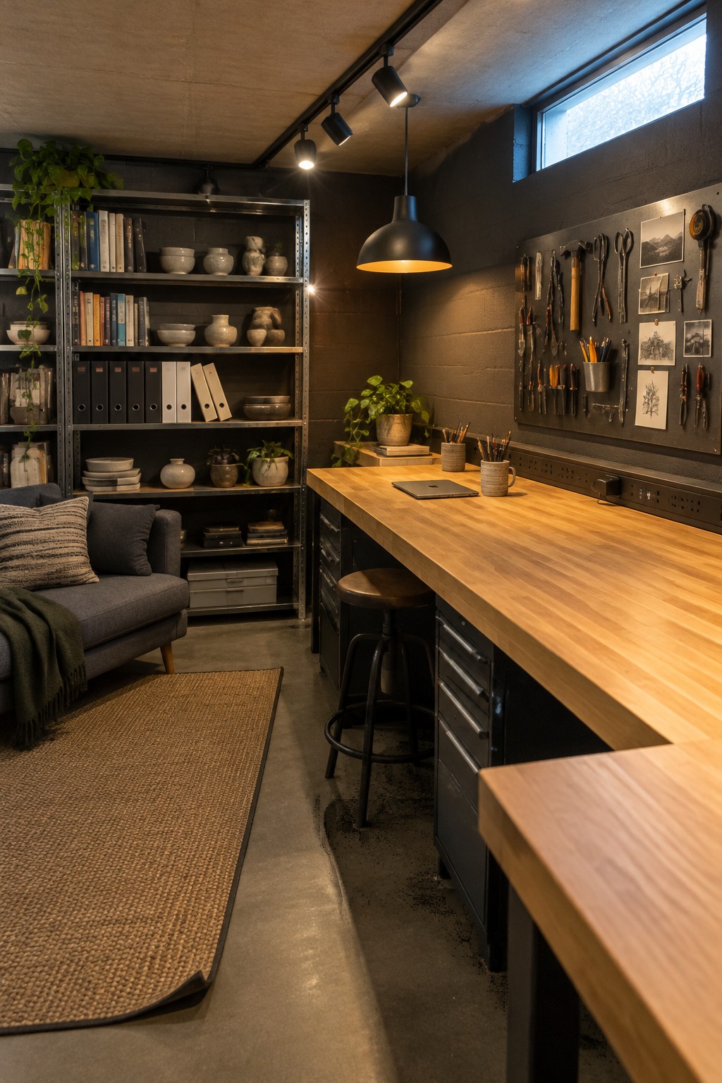 Industrial workshop with wooden workbench, tool wall, bookshelves, gray sofa, and pendant lighting