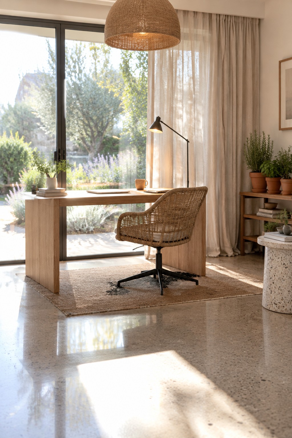 Wooden desk with woven chair in sunlit room overlooking lush garden
