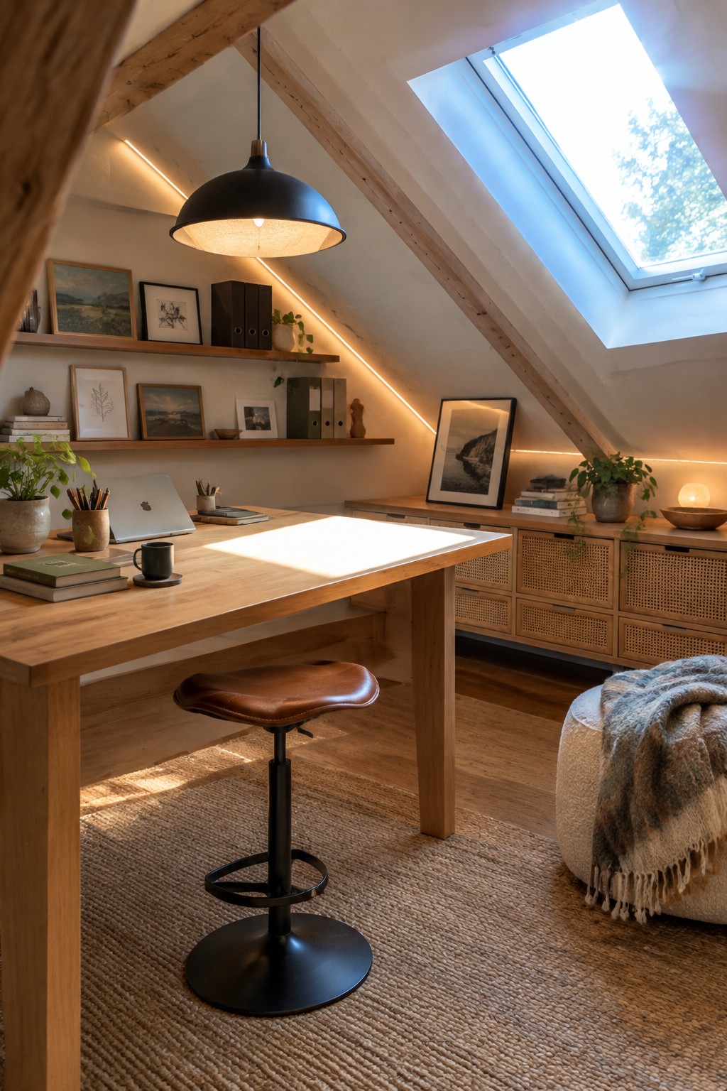 A wooden desk with a brown leather stool sits beneath a black pendant lamp in an attic office with a large skylight, wooden shelves, and woven storage cabinets.