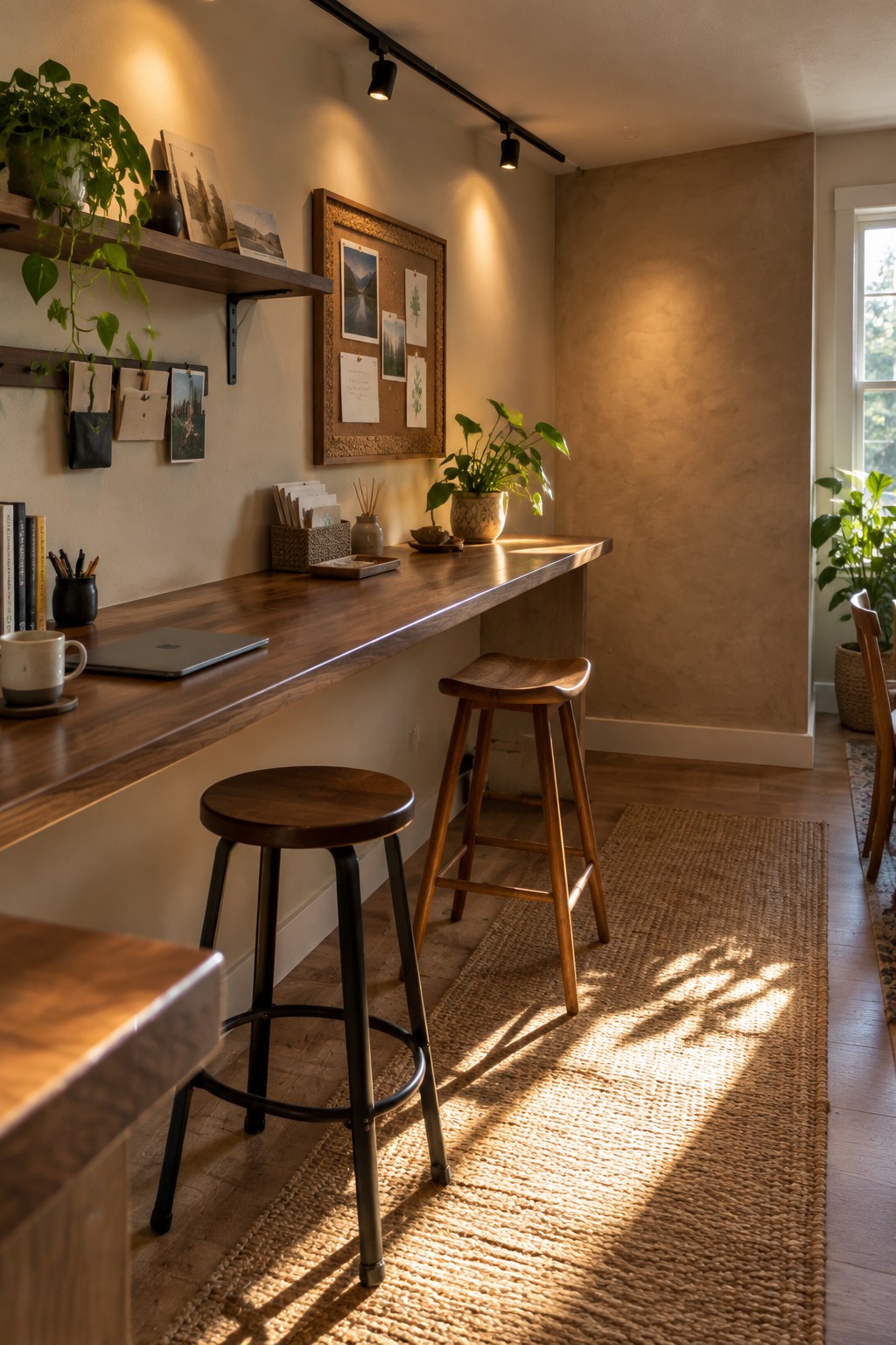 A long wooden desk with two wooden stools against a wall in a home office, with track lighting above and plants on a shelf.