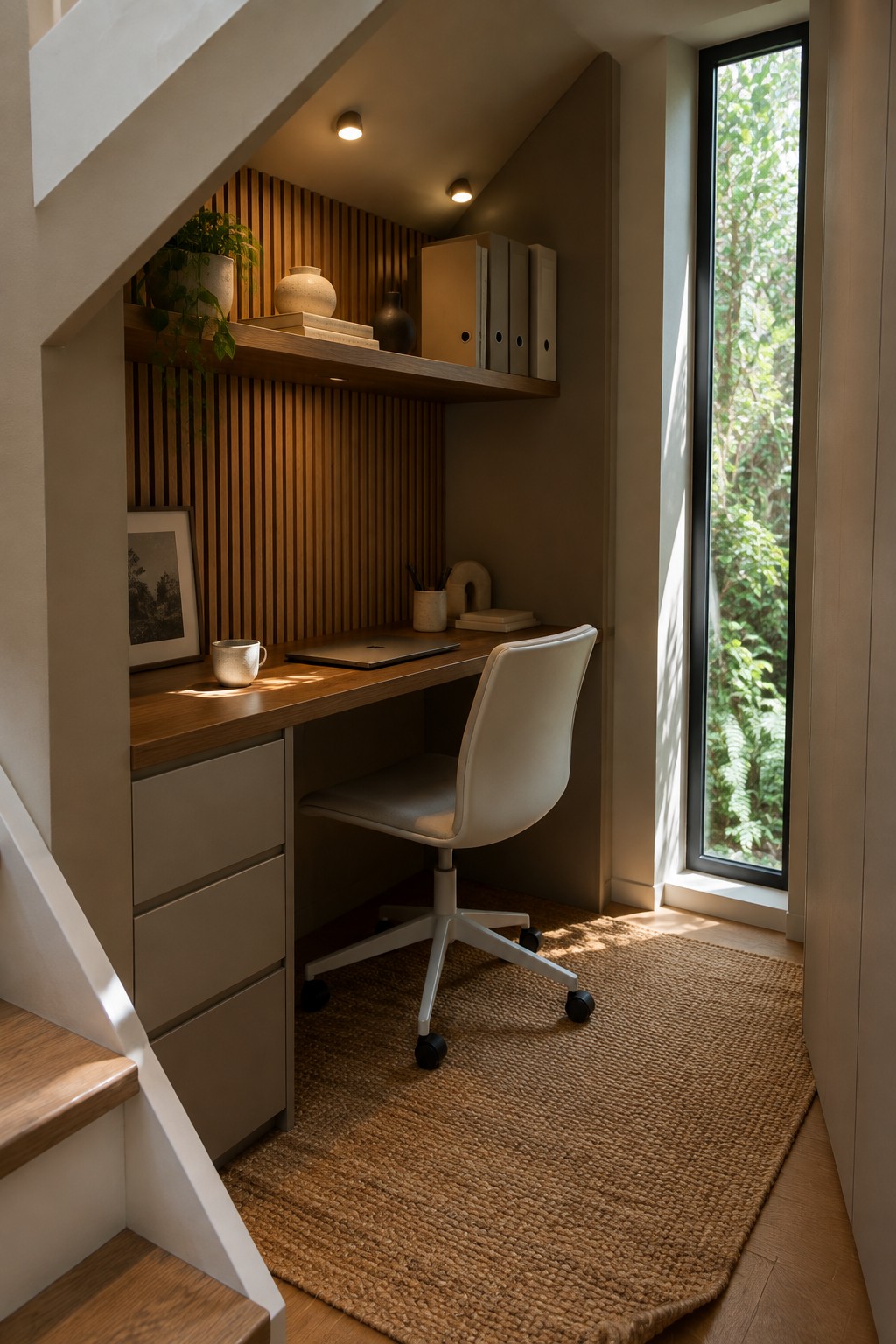 Cozy home office nook under stairs with wooden desk, white chair, and window view