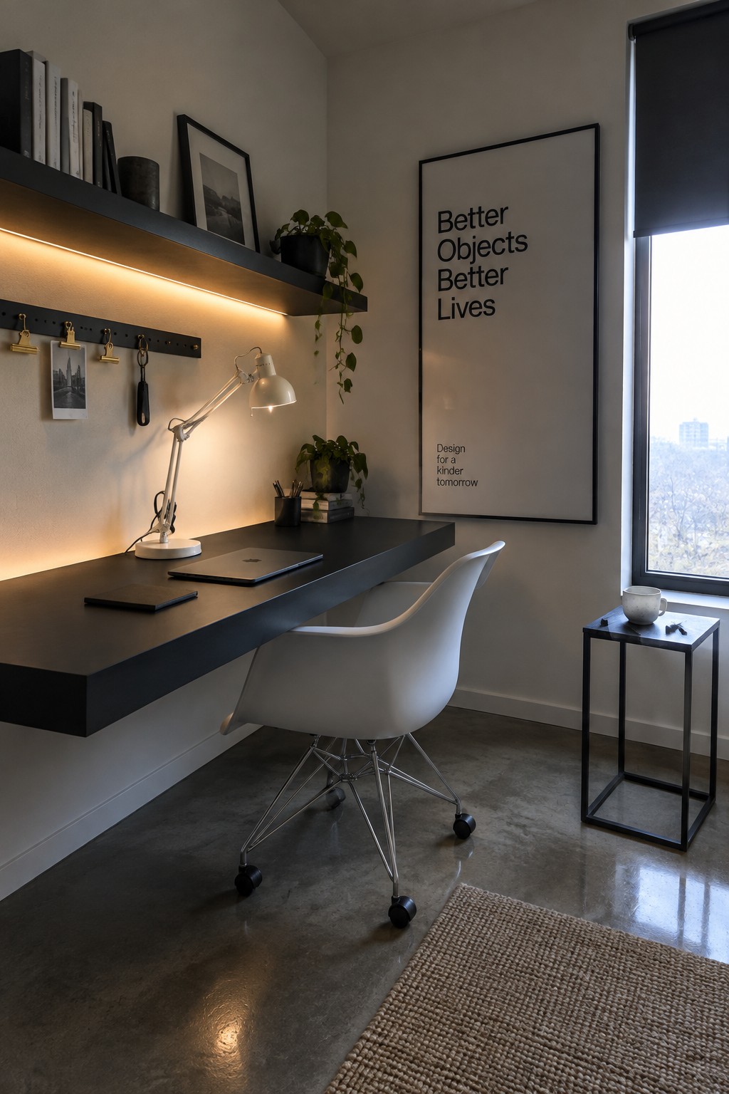 Minimalist modern workspace with black desk, white chair, desk lamp, laptop, and wall art.