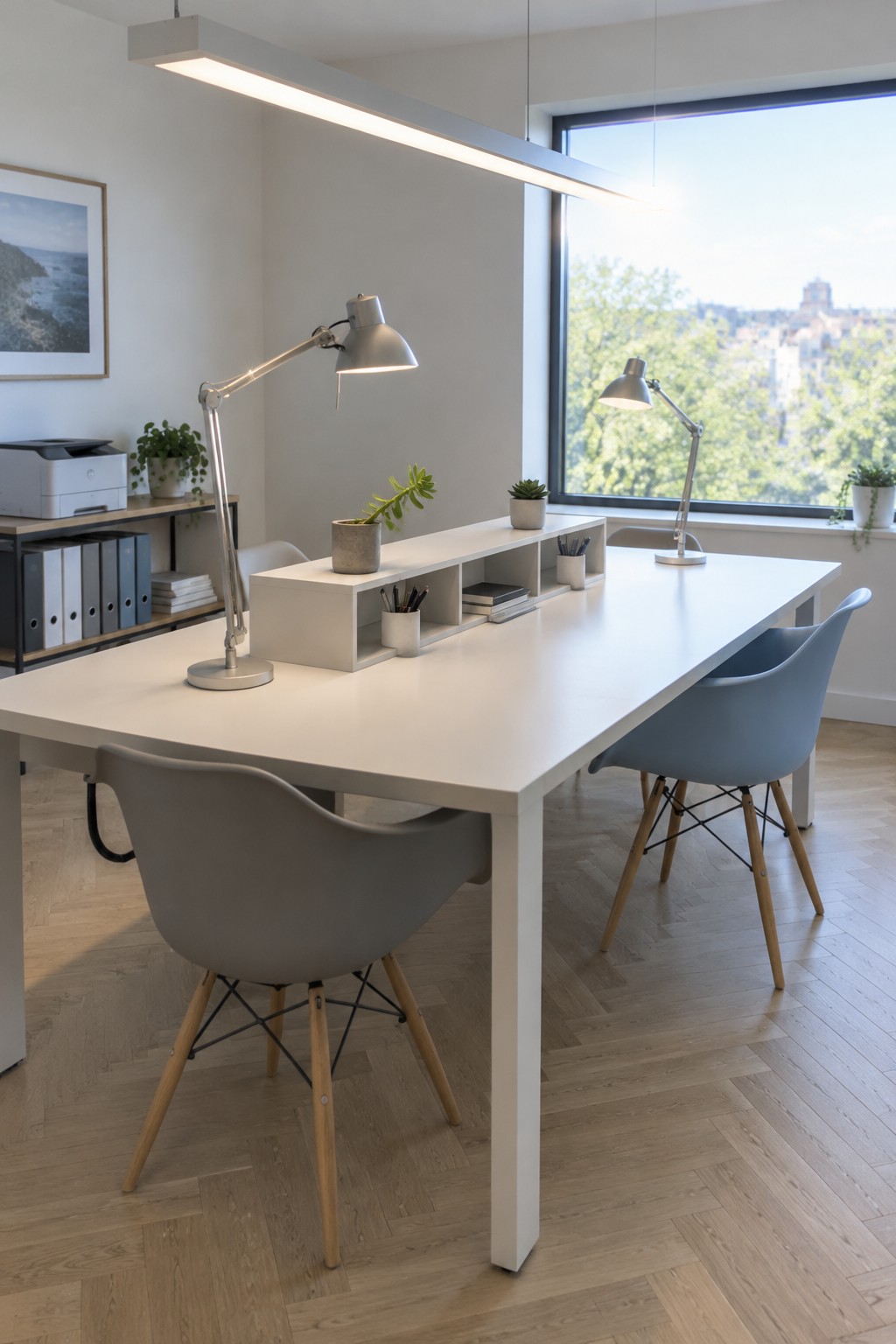 A bright home office featuring a long white desk with gray and blue chairs, several silver task lamps, and a linear overhead light fixture.