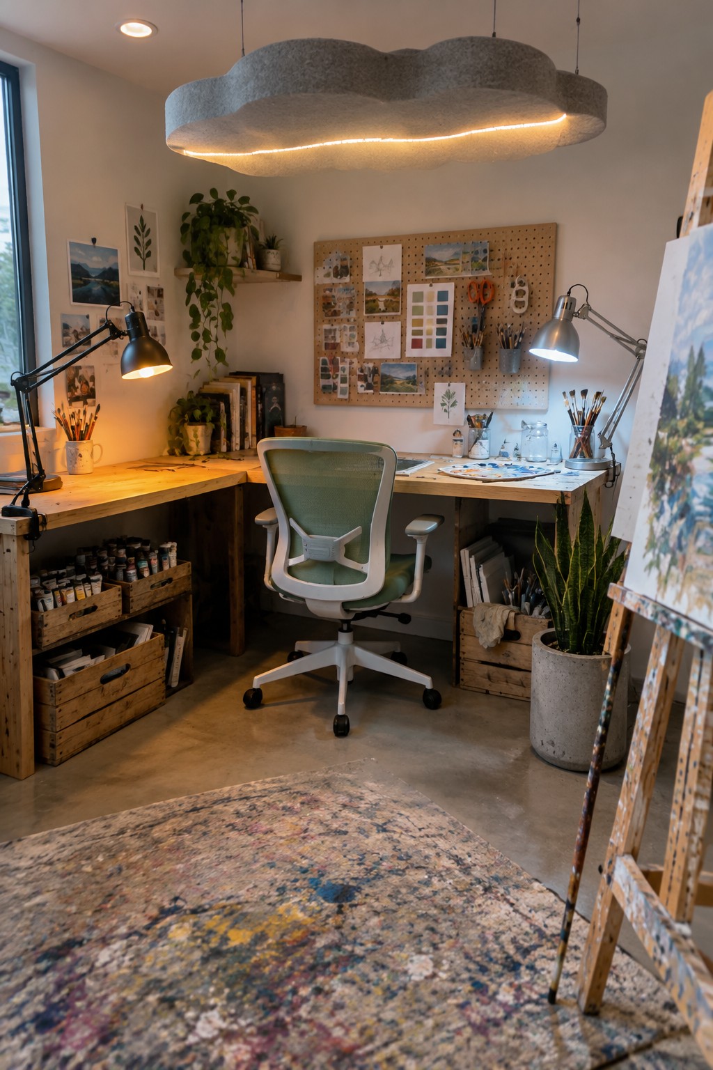 A home office featuring a large cloud-shaped felt pendant light above a wooden desk with two black task lamps, a green office chair, and an easel in the foreground.