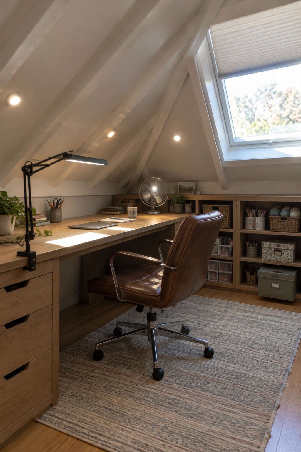 A wooden desk with a black task lamp, brown leather office chair, laptop, and recessed ceiling lights under a sloped attic ceiling with a skylight.