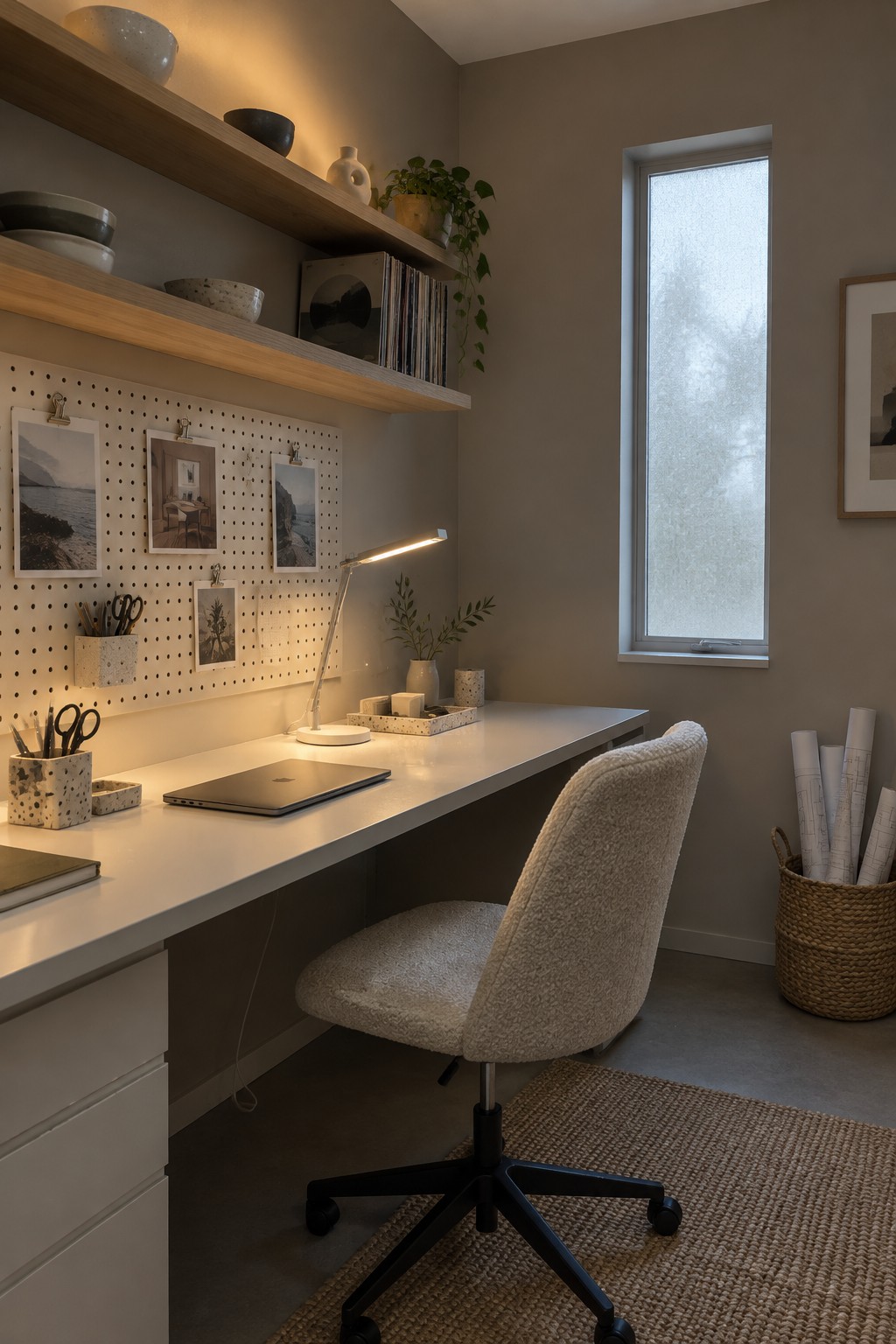 A home office desk with a white task lamp, laptop, and pegboard wall, lit by under-shelf lighting and a tall window.