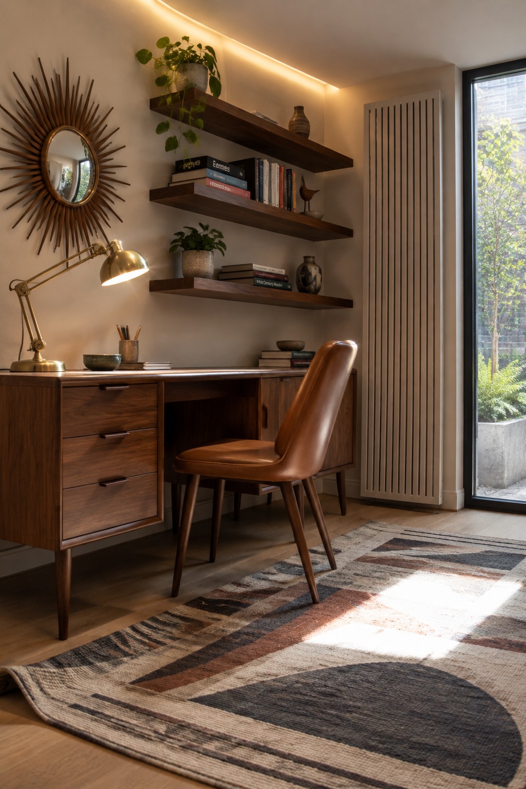 Mid-century wooden desk with leather chair, floating shelves, sunburst mirror, and geometric rug.
