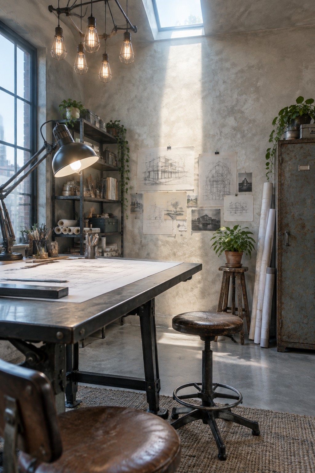 Industrial studio with drafting table, blueprints, stools, wall sketches, hanging bulbs, and metal cabinet