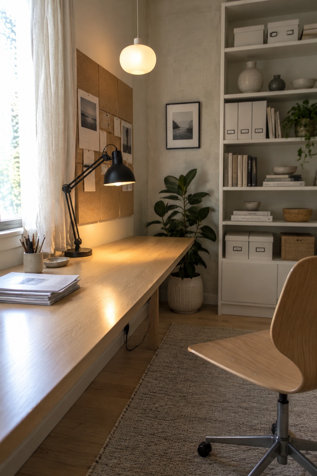 Wooden desk with black lamp, corkboard, white shelves, potted plant, and rolling chair