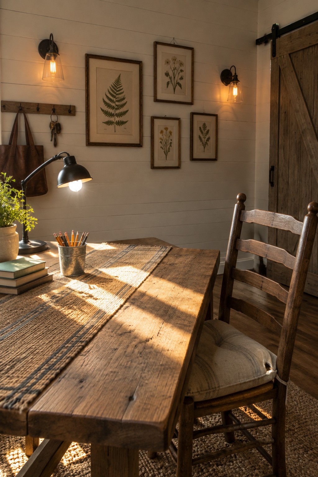 Rustic wooden table with books, lamp, and chair in sunlit room with botanical prints