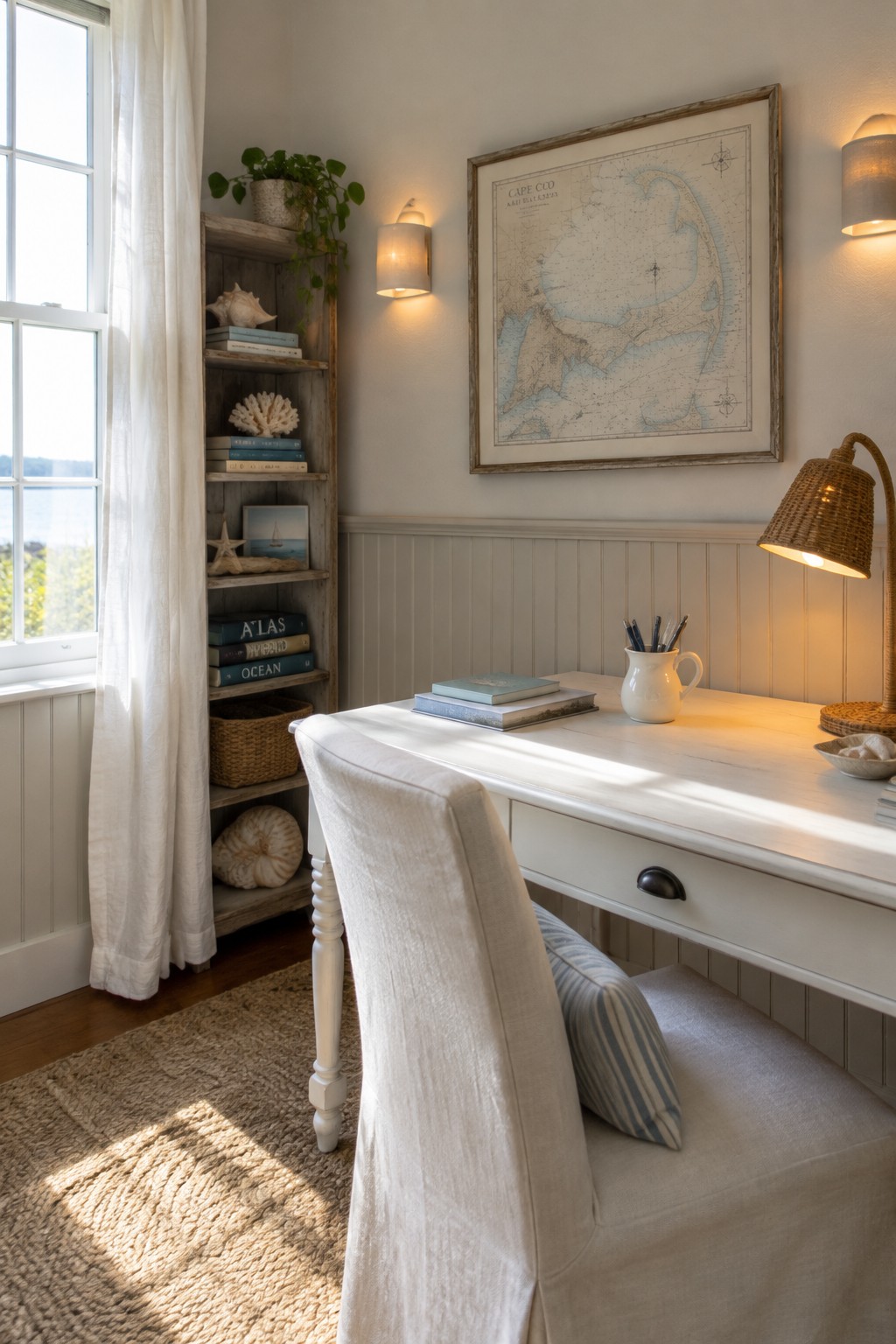 A home office with a white desk, woven task lamp, two wall sconces, bookshelf, and window with white curtains.
