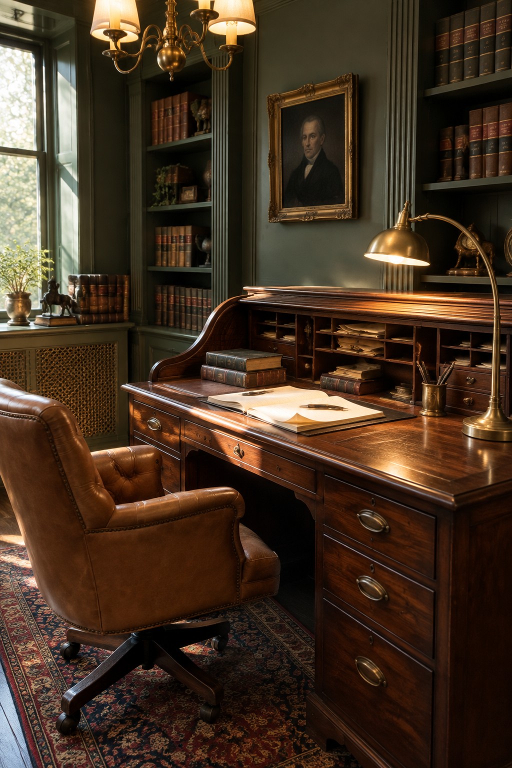 A wooden desk in a home office with a brown leather chair, brass task lamp, open notebook, and chandelier overhead.