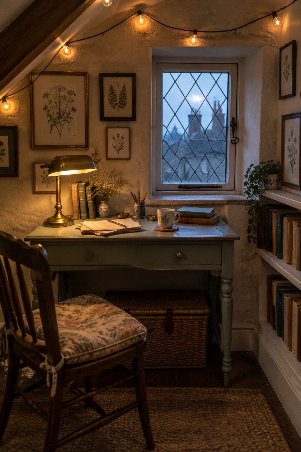 A small home office desk with a lit brass task lamp, papers, books, and a mug, set under string lights with a window showing rooftops in the background.
