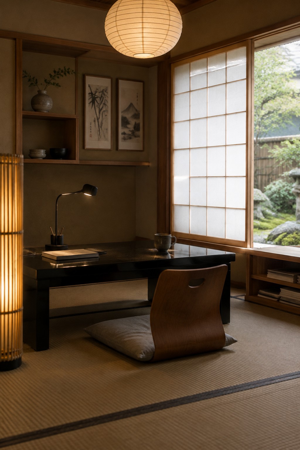 Japanese room with black desk, wooden chair, paper lantern, and shoji overlooking garden