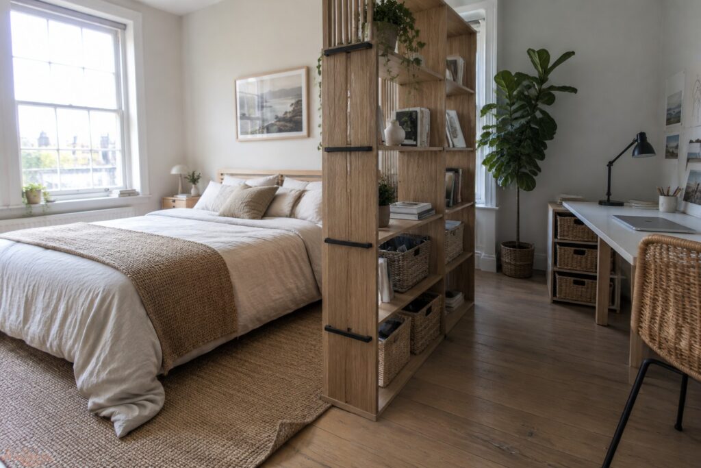 Minimalist bedroom with wooden bookshelf divider, white bed, desk and woven chair