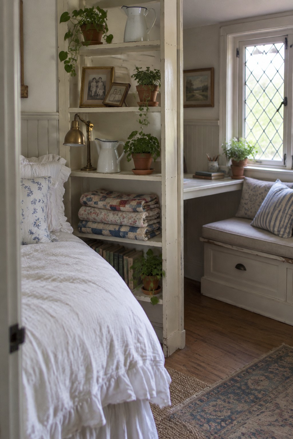 A bedroom interior showing a white built-in open shelving unit placed between a bed with white linens and a window seat area with cushions.