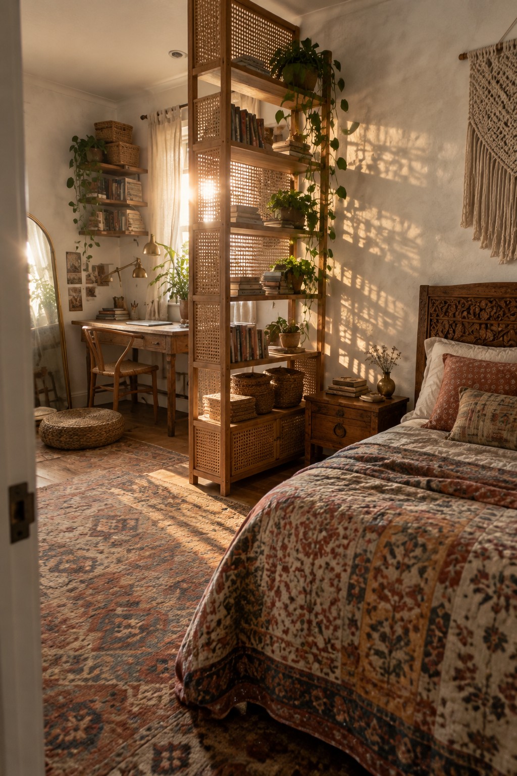 A bedroom interior showing a tall wooden open shelving unit with rattan panels positioned between a bed and a desk area, holding books and plants.