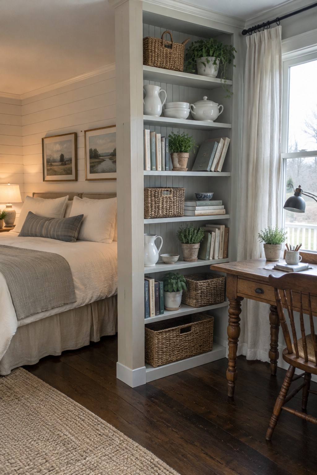 A bedroom with a bed on the left and a wooden desk with chair on the right, separated by white open shelving filled with books, baskets, and plants.