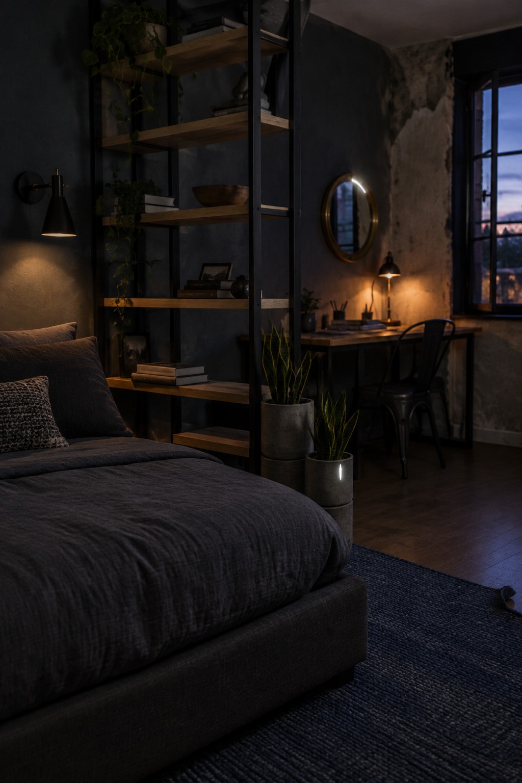 A bedroom with dark gray bedding on the left side and a wooden desk with chair on the right, separated by a tall open shelving unit with black metal frame and wooden shelves.