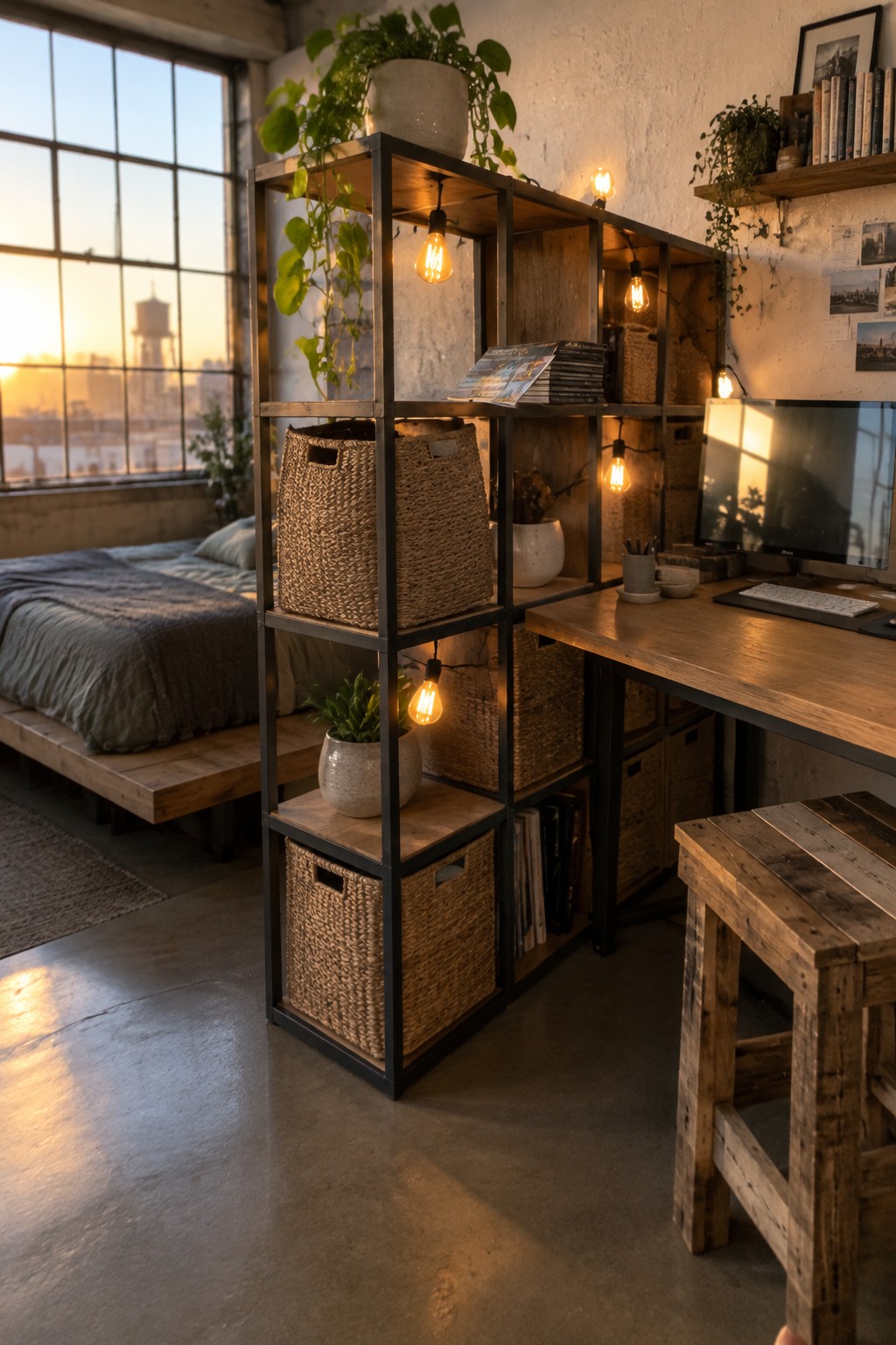 A bedroom with a low platform bed on the left and a wooden desk with computer on the right, separated by a tall open shelving unit filled with woven baskets, books, and potted plants.