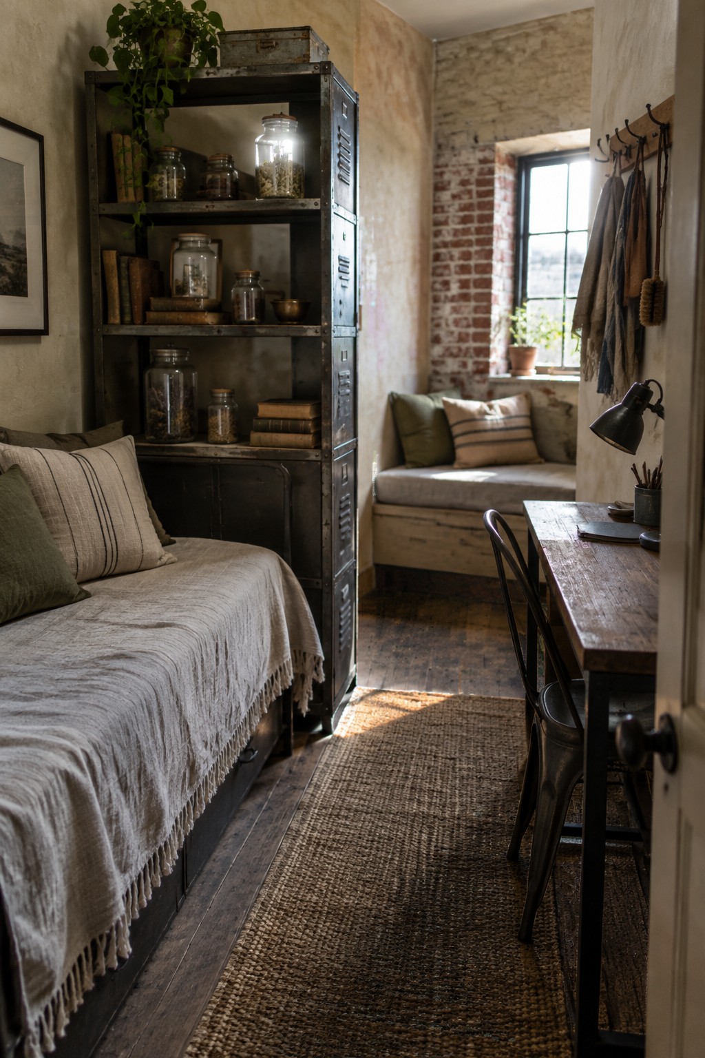 An interior view of a combined bedroom and workspace with a bed on the left, a tall metal open shelving unit in the center, and a wooden desk with chair on the right.