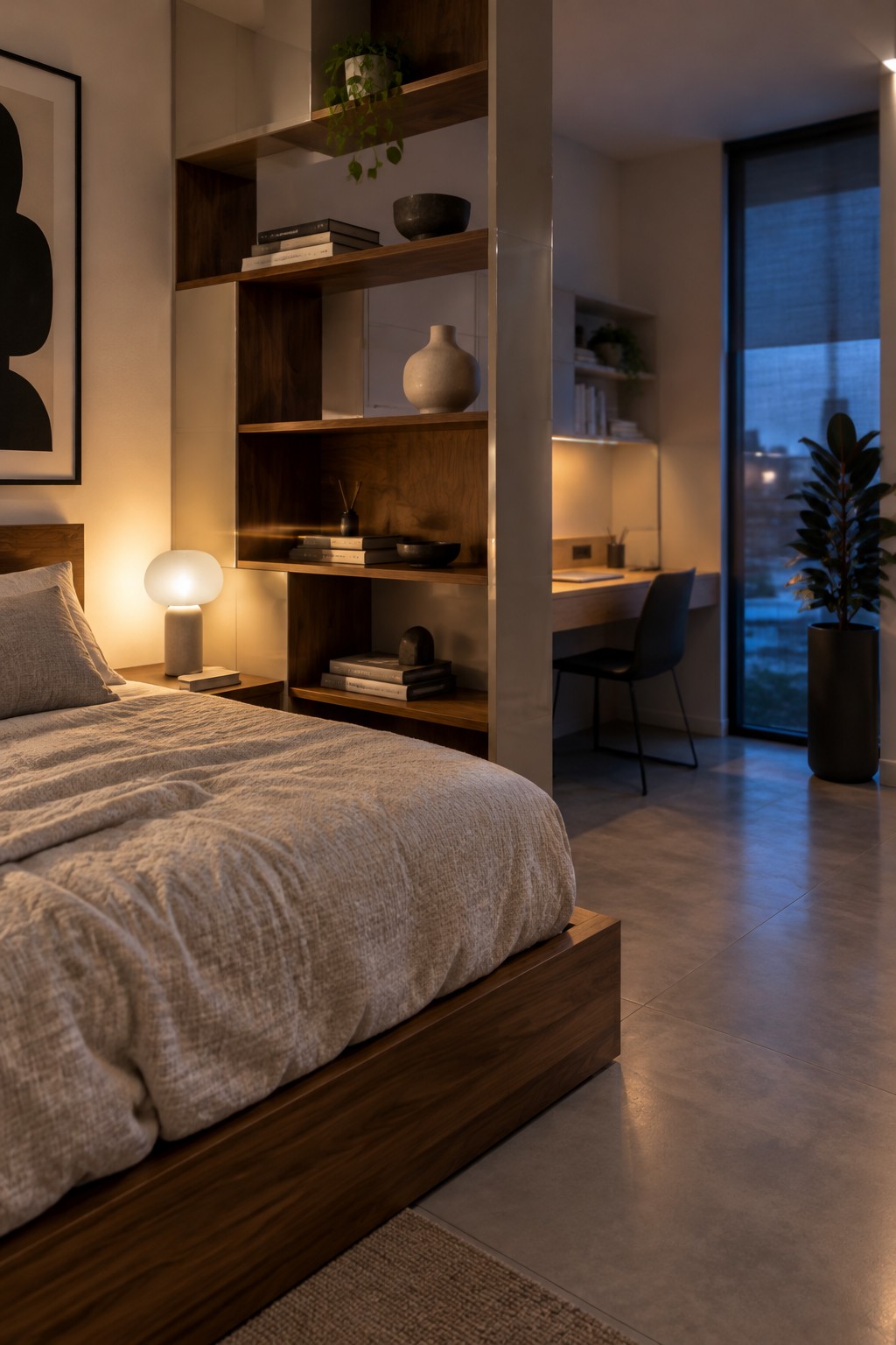 A bedroom with a low wooden bed and built-in open wooden shelving that divides the space from a small desk area with a chair and window beyond.