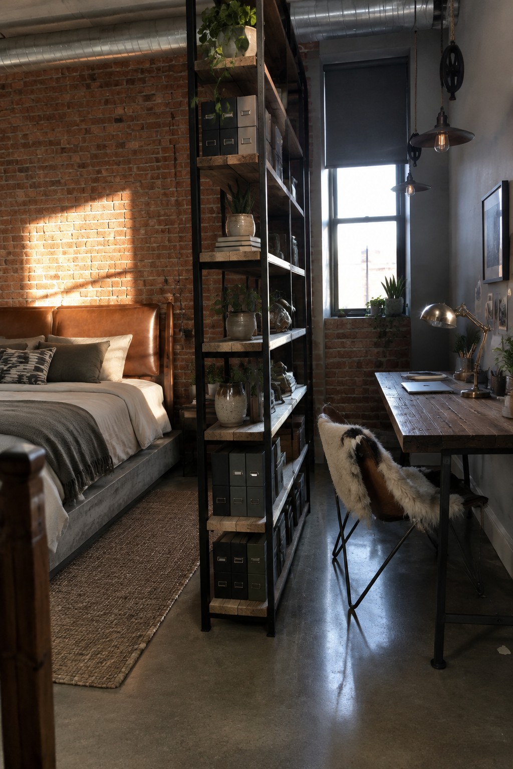 Industrial loft bedroom with brick wall, leather bed, tall bookshelf, and wooden desk area.