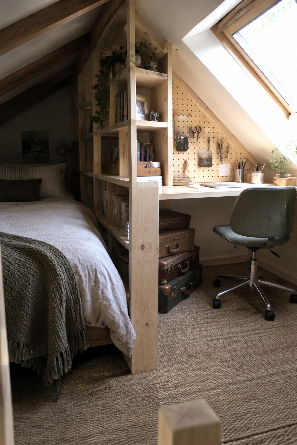 Cozy attic bedroom with wooden shelves, desk, green chair, and woven rug under skylight